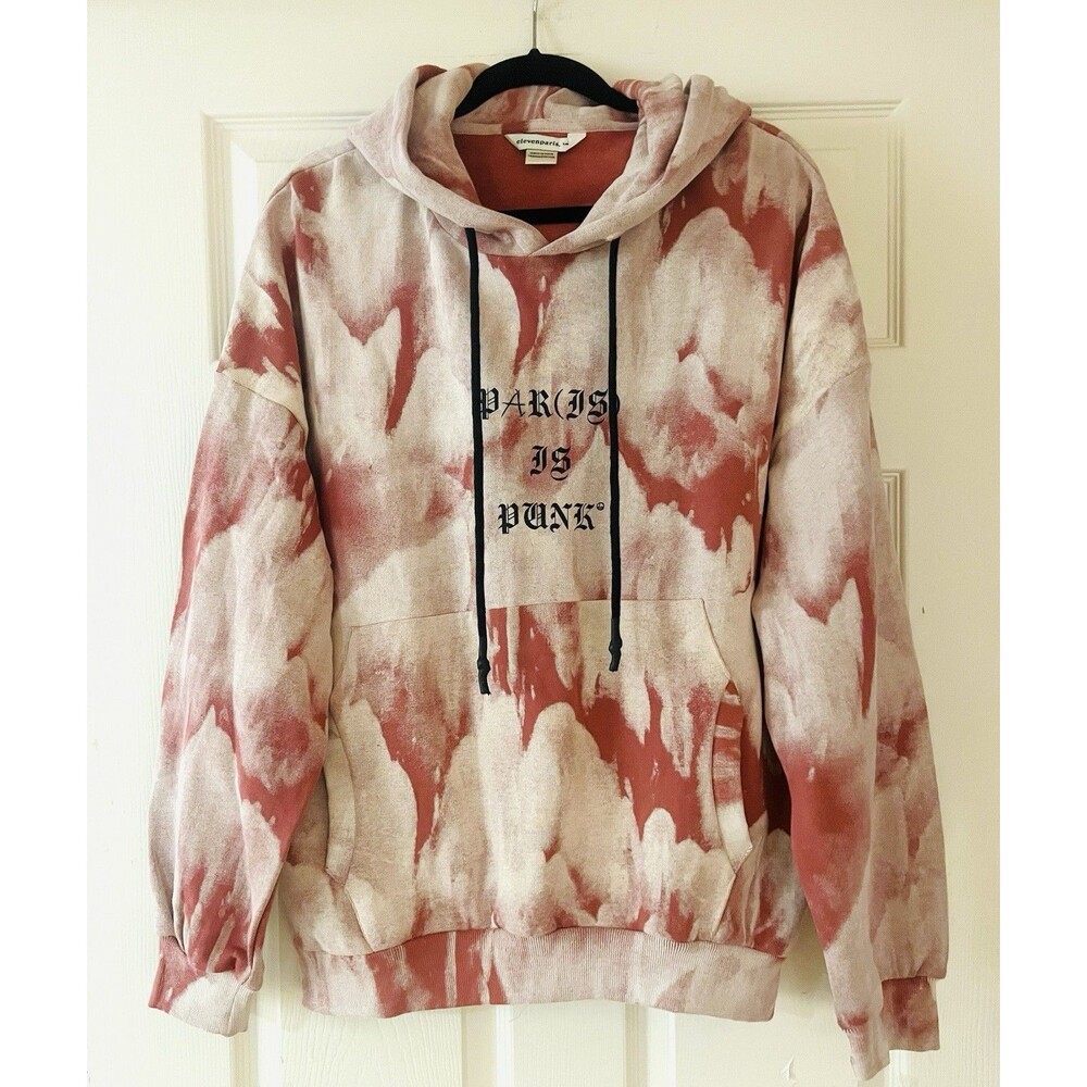 Elevenparis Mens Hoodie L NWOT Pink White Tie Dye Par(is) Is Punk Sweatshirt